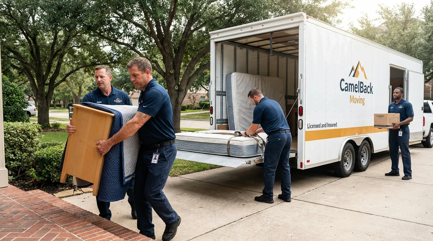 Crew loading residential truck for cross-state move from Canutillo, TX