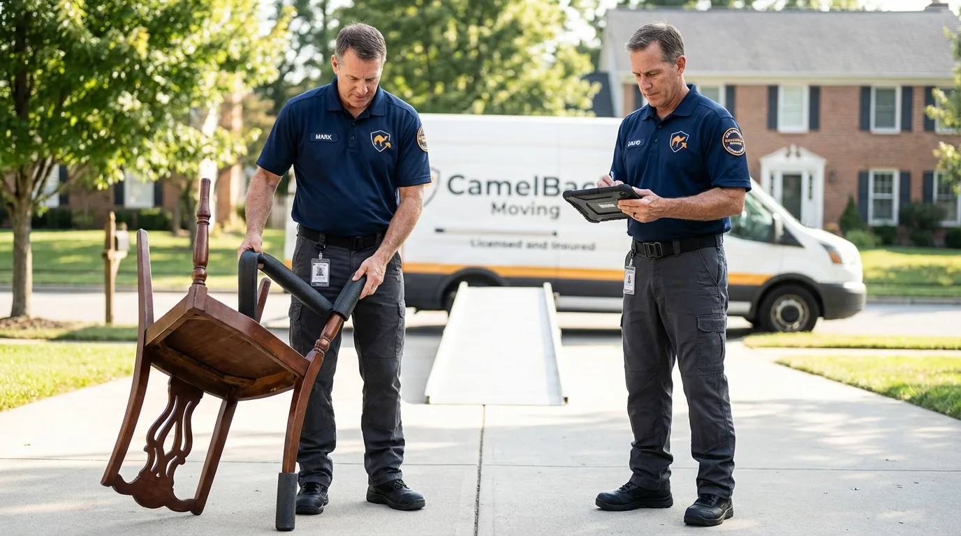 Movers inspecting furniture for damage prevention before loading in Canutillo, TX
